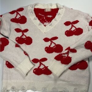 Altar'd State Red and White Cherry V-Neck Sweater